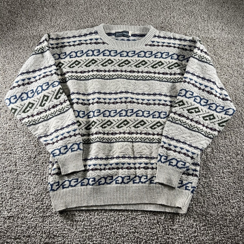 Vintage 3D Chunky Knit Wool Sweater Mens Large 90s Grandpa Core Preppy Classic‎